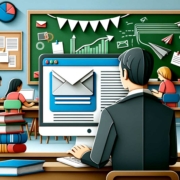 A stylized illustration of a busy classroom environment. The image shows a man in a suit, viewed from the back, in front of a computer screen displaying an email application. The scene includes various classroom supplies and decorations, such as books, folders, and a clock on the wall. In the background, there are several students seated at desks, working on computers. The classroom is adorned with colorful books on shelves, a green chalkboard with diagrams, and white papers with notes on them
