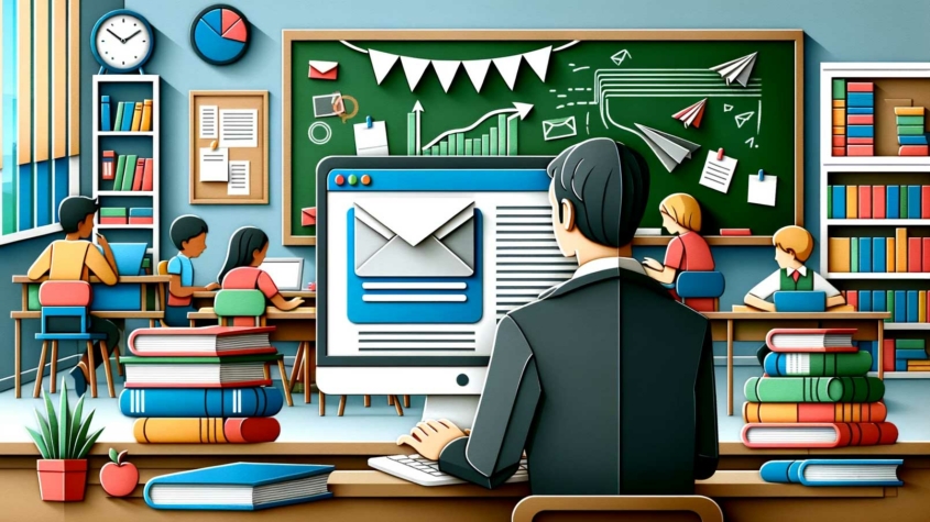 A stylized illustration of a busy classroom environment. The image shows a man in a suit, viewed from the back, in front of a computer screen displaying an email application. The scene includes various classroom supplies and decorations, such as books, folders, and a clock on the wall. In the background, there are several students seated at desks, working on computers. The classroom is adorned with colorful books on shelves, a green chalkboard with diagrams, and white papers with notes on them
