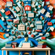 A stylized image depicts a person at a desk with a laptop, surrounded by an explosion of colorful paper cut-out layers representing data, documents, and technology symbols, symbolizing information overload or multitasking in a digital work environment.
