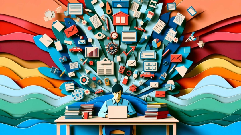 A stylized image depicts a person at a desk with a laptop, surrounded by an explosion of colorful paper cut-out layers representing data, documents, and technology symbols, symbolizing information overload or multitasking in a digital work environment.