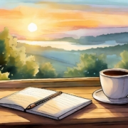 An illustrated scene of a serene morning view from a window. The window frames a landscape with lush greenery and distant hills under a soft sunrise sky, in hues of orange, yellow, and blue. On the wooden window sill, there's an open notebook with a pen resting on it and a white cup of coffee, inviting a peaceful moment of reflection or journaling.