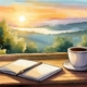 An illustrated scene of a serene morning view from a window. The window frames a landscape with lush greenery and distant hills under a soft sunrise sky, in hues of orange, yellow, and blue. On the wooden window sill, there's an open notebook with a pen resting on it and a white cup of coffee, inviting a peaceful moment of reflection or journaling.