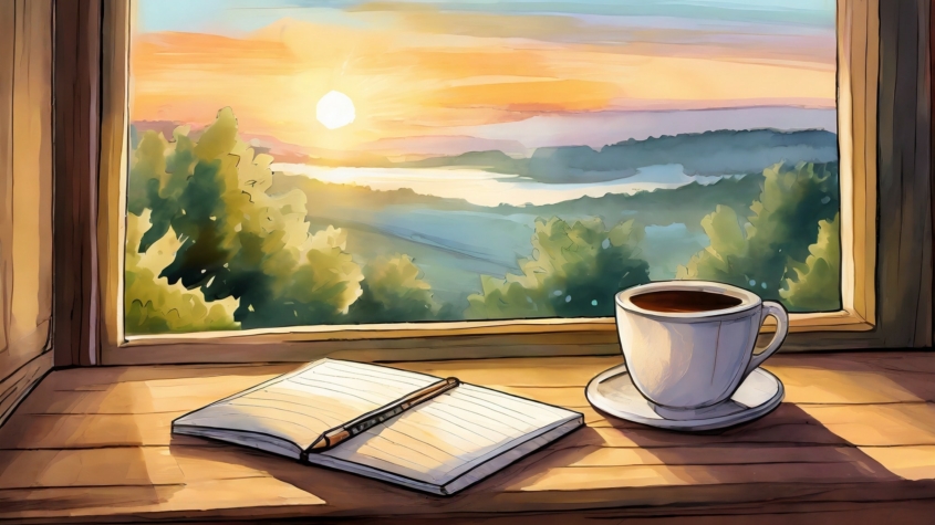 An illustrated scene of a serene morning view from a window. The window frames a landscape with lush greenery and distant hills under a soft sunrise sky, in hues of orange, yellow, and blue. On the wooden window sill, there's an open notebook with a pen resting on it and a white cup of coffee, inviting a peaceful moment of reflection or journaling.