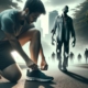 A man in sportswear is crouched down, tying his shoe on a foggy street. Unaware, he is near a zombie and several shadowy figures in the misty background, suggesting a scene from a zombie apocalypse. The setting is eerie with a backdrop of dimly lit trees and a hazy skyline.