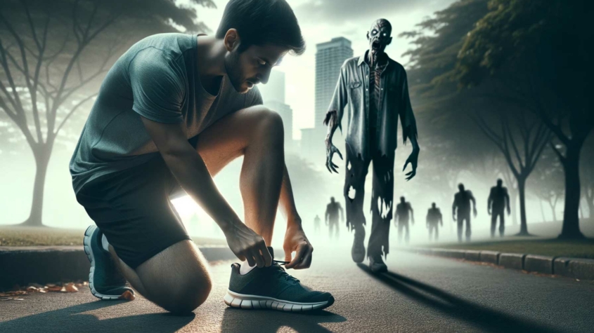 A man in sportswear is crouched down, tying his shoe on a foggy street. Unaware, he is near a zombie and several shadowy figures in the misty background, suggesting a scene from a zombie apocalypse. The setting is eerie with a backdrop of dimly lit trees and a hazy skyline.