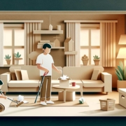 A stylized 3D illustration of a cozy living room in warm beige tones. Two figures made of paper, an adult and a child, are tidying up the room. The adult is standing and cleaning a coffee table with a cloth, while the child is kneeling on the floor, picking up paper stars. The room is filled with paper furniture and decor, including a sofa, shelves, plants, and a lamp, creating a serene and orderly scene.