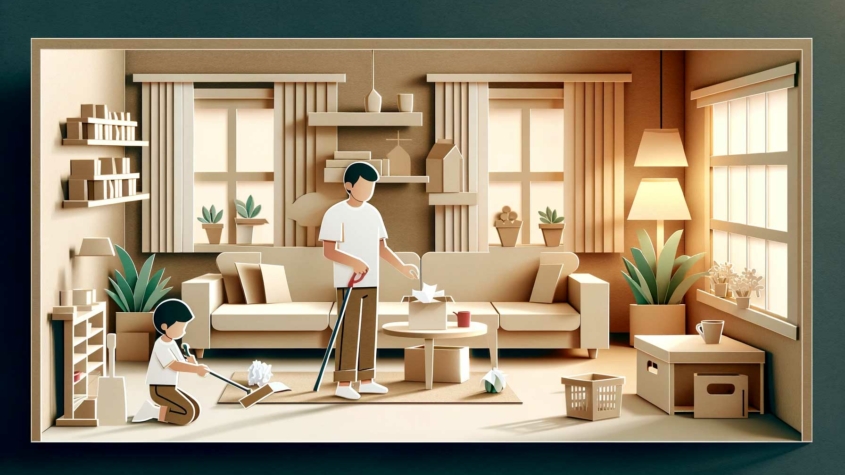 A stylized 3D illustration of a cozy living room in warm beige tones. Two figures made of paper, an adult and a child, are tidying up the room. The adult is standing and cleaning a coffee table with a cloth, while the child is kneeling on the floor, picking up paper stars. The room is filled with paper furniture and decor, including a sofa, shelves, plants, and a lamp, creating a serene and orderly scene.