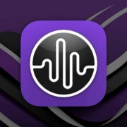 This image shows a digital icon which is a stylized representation of a sound wave pattern within a circle, centered on a purple square with rounded corners. The icon is set against a background featuring abstract purple and black shapes with dynamic, flowing lines. The color scheme is predominantly purple with black accents, conveying a sense of modernity and digital technology.