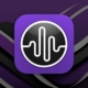 This image shows a digital icon which is a stylized representation of a sound wave pattern within a circle, centered on a purple square with rounded corners. The icon is set against a background featuring abstract purple and black shapes with dynamic, flowing lines. The color scheme is predominantly purple with black accents, conveying a sense of modernity and digital technology.