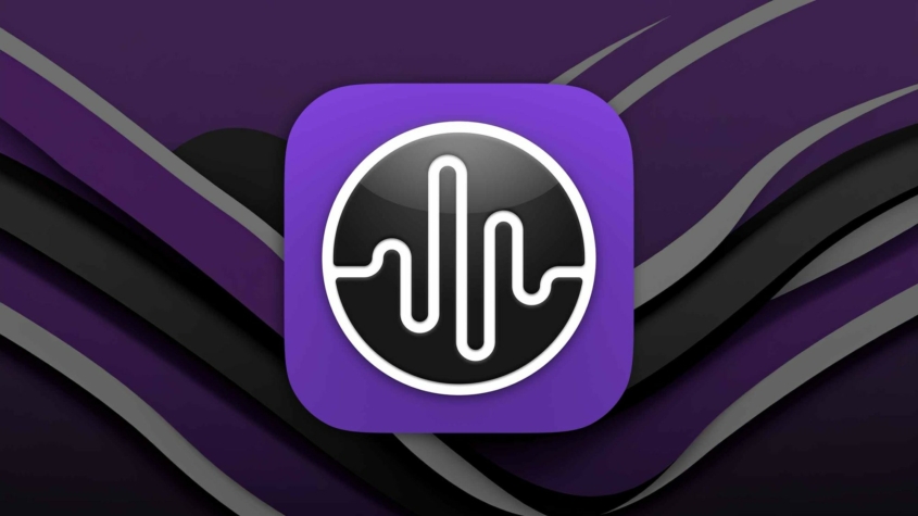 This image shows a digital icon which is a stylized representation of a sound wave pattern within a circle, centered on a purple square with rounded corners. The icon is set against a background featuring abstract purple and black shapes with dynamic, flowing lines. The color scheme is predominantly purple with black accents, conveying a sense of modernity and digital technology.