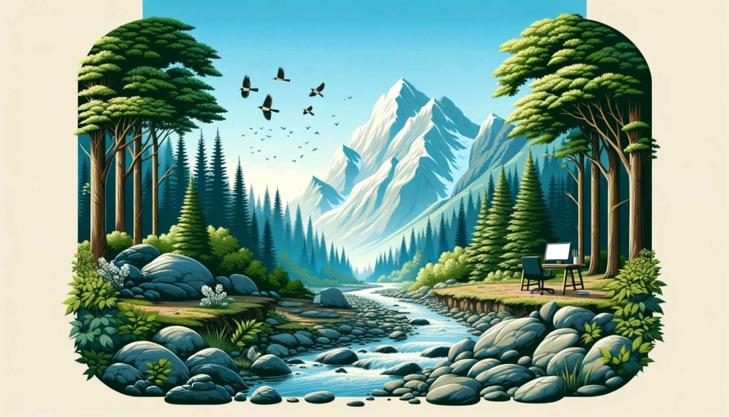 An idyllic landscape illustration depicting a serene river flowing through a lush valley with towering, snow-capped mountains in the background. A dense forest of tall, green trees lines the riverbank, and a small desk with a computer is set up near the water's edge, suggesting a tranquil spot for working. A flock of birds flies overhead in the clear blue sky, adding a sense of freedom and nature's vitality to the scene.