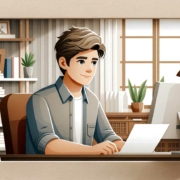 This image is an illustration depicting a young man working on a laptop at a desk. The setting appears to be a cozy home office with a bookshelf, plants, and a window allowing natural light. The perspective is as if looking into a room through an open window, creating a sense of depth. The color palette is warm with earth tones, and the style is clean and modern with a graphic quality.