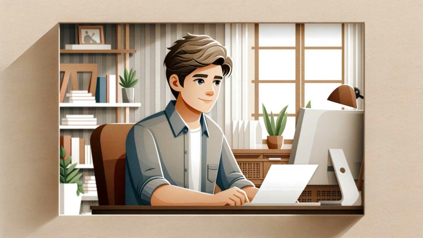 This image is an illustration depicting a young man working on a laptop at a desk. The setting appears to be a cozy home office with a bookshelf, plants, and a window allowing natural light. The perspective is as if looking into a room through an open window, creating a sense of depth. The color palette is warm with earth tones, and the style is clean and modern with a graphic quality.