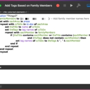 Screenshot of a script editor with a partially visible AppleScript code titled "Add Tags Based on Family Members". The code includes commands to set variables for family members, iterate through areas and to-dos, and conditionally add tags to items based on the presence of family member names within the item titles. The user interface shows the script editing window with options to run, stop, and share the script, and there is a description field below the code that is empty.