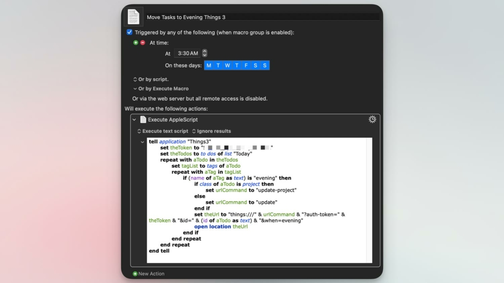 Screenshot of a user interface for automation setup, with options to trigger actions at a specified time or by script. The focus is on an AppleScript code snippet, partially redacted, which interacts with the "Things3" application. It includes logic to handle tasks, involving tokens and URLs for updates, with conditions based on task properties such as whether a tag's name is "evening" or if a task is a project. The script is designed to automate task management based on time of day.