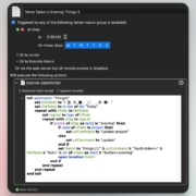 Screenshot of a user interface for automation setup, with options to trigger actions at a specified time or by script. The focus is on an AppleScript code snippet, partially redacted, which interacts with the "Things3" application. It includes logic to handle tasks, involving tokens and URLs for updates, with conditions based on task properties such as whether a tag's name is "evening" or if a task is a project. The script is designed to automate task management based on time of day.
