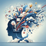 Illustration of a human head in profile against a light background, exploding with a vibrant, abstract array of shapes and objects. Colorful lines, swirls, clouds, and various symbols, like music notes, a pencil, and a light bulb, suggest a burst of creativity or brainstorming. The style is whimsical and highly detailed, using a blue, red, and yellow palette.