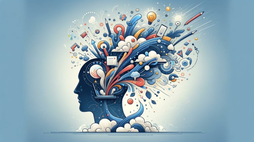 Illustration of a human head in profile against a light background, exploding with a vibrant, abstract array of shapes and objects. Colorful lines, swirls, clouds, and various symbols, like music notes, a pencil, and a light bulb, suggest a burst of creativity or brainstorming. The style is whimsical and highly detailed, using a blue, red, and yellow palette.