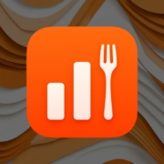 This is a digital graphic featuring an app icon set against a wavy brown and white abstract background. The app icon is bright orange with the image of a bar chart that transitions into a fork on the right side, symbolizing a focus on food, nutrition, or dining metrics.