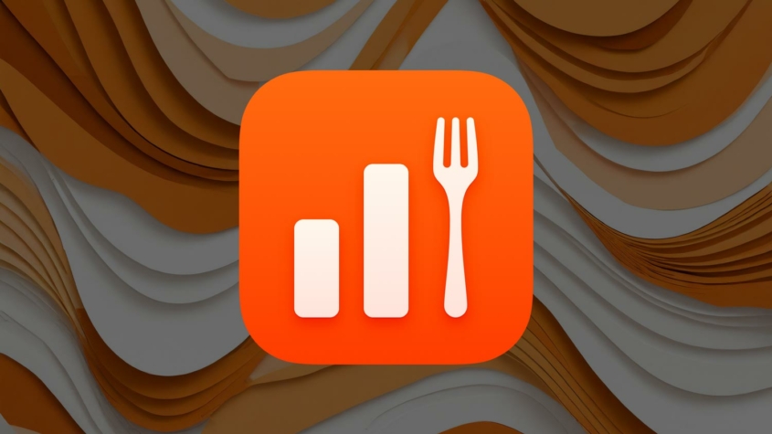 This is a digital graphic featuring an app icon set against a wavy brown and white abstract background. The app icon is bright orange with the image of a bar chart that transitions into a fork on the right side, symbolizing a focus on food, nutrition, or dining metrics.