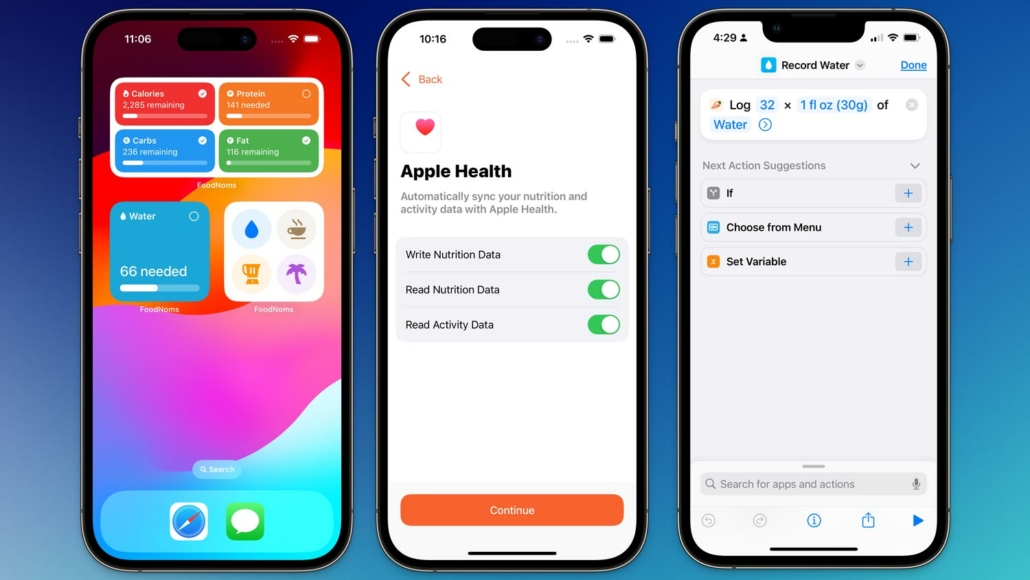 A trio of smartphone screenshots showing a nutrition tracking app interface. The left image highlights daily nutritional goals with colorful widgets for calories, protein, carbs, fat, and water. The middle image displays Apple Health integration options for writing and reading nutrition and activity data. The right image features an automation setup for logging water intake in the app, with options for further automation suggestions.