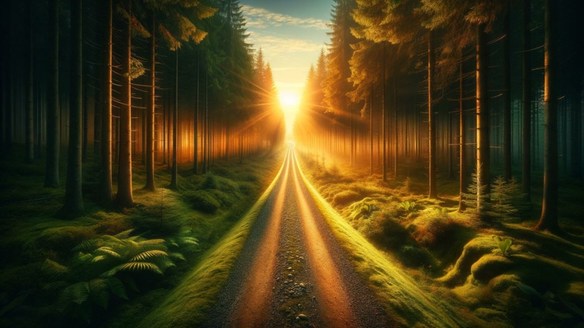 An inviting pathway meanders through a lush forest at sunrise, with the early morning light casting a warm, golden glow over the verdant surroundings. The path symbolizes a journey of personal growth and the pursuit of goals, enveloped in the tranquility and beauty of nature, embodying optimism and inspiration for a new beginning.