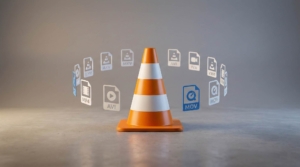 VLC Media Player's orange and white traffic cone icon centered on a gray surface, surrounded by a circular arrangement of media file format icons including MP4, AVI, MKV, MOV, and others