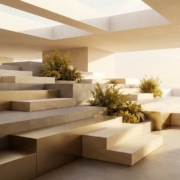 Abstract geometric steps ascending forward and upward in warm natural light, with small plants growing along the platforms, leading toward a bright open space