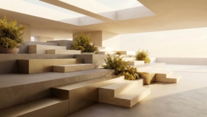 Abstract geometric steps ascending forward and upward in warm natural light, with small plants growing along the platforms, leading toward a bright open space