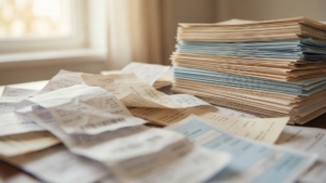 Financial documents and papers scattered in the foreground transitioning to neatly organized, color-coded stacks in the background, illustrating the process of gaining financial clarity