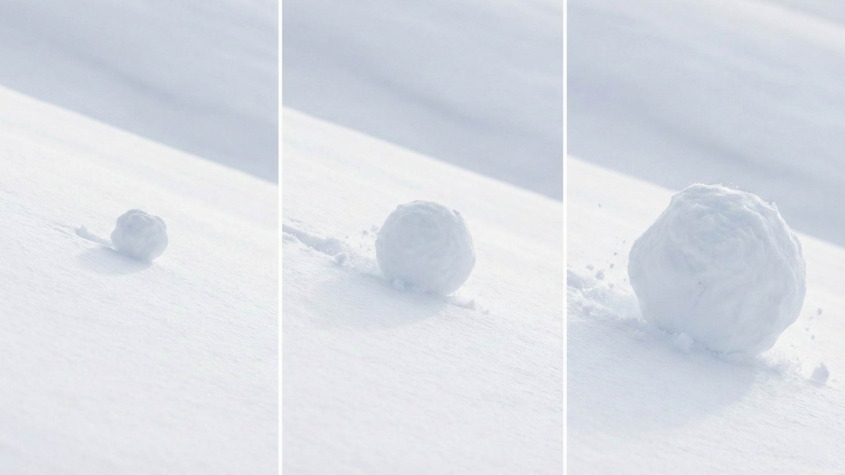 Three-panel progression showing a snowball rolling downhill, growing from small to medium to large, illustrating the momentum-building debt payoff strategy