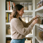 Person wearing wireless earbuds while organizing pantry shelves with glass storage containers, illustrating productive multitasking with podcast listening
