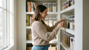 Person wearing wireless earbuds while organizing pantry shelves with glass storage containers, illustrating productive multitasking with podcast listening