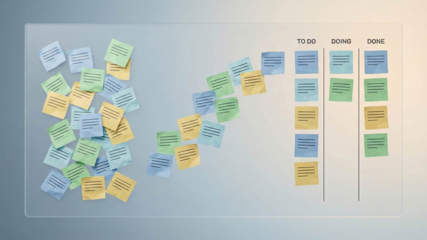 Task organization cards transitioning from scattered chaos on the left to organized kanban columns on the right, labeled TO DO, DOING, and DONE