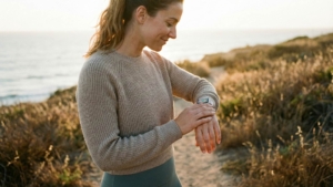 Person checking their smartwatch during an outdoor walk in natural coastal setting, illustrating health and activity tracking in a wellness context