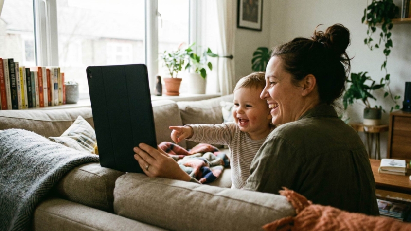 Parent and young child sitting together on a couch, both smiling and engaged while watching educational content on a tablet in a warm, sunlit living room