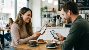 Two people at a coffee shop table, both smiling and holding phones showing completed payment transaction checkmarks, with coffee and pastries between them