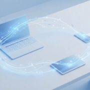 017- TMB Blog Post- Featured-Image-2 Three devices - laptop, tablet, and smartphone - connected by flowing glowing streams in a circular pattern, visualizing seamless cloud data synchronization