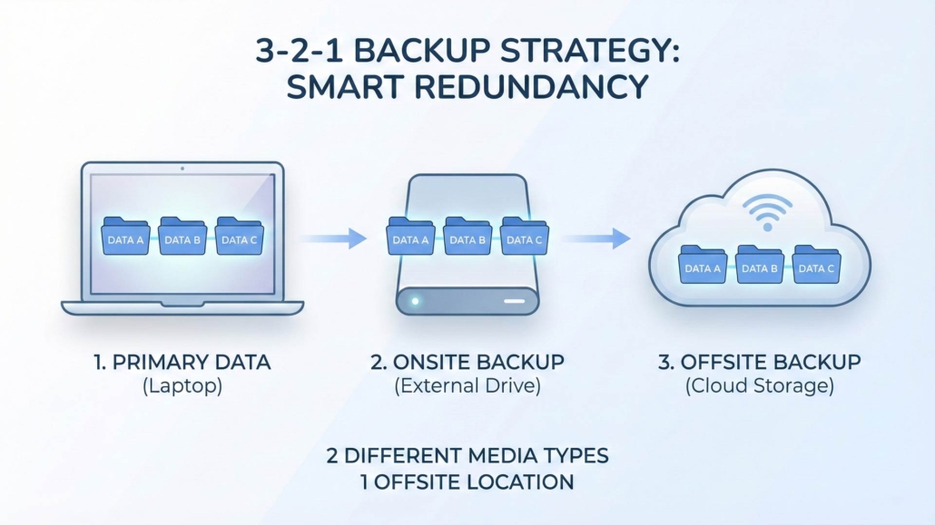 Infographic titled '3-2-1 Backup Strategy: Smart Redundancy' showing three stages - laptop with primary data, external hard drive with onsite backup, and cloud storage with offsite backup, connected by arrows. Text below notes '2 different media types, 1 offsite location.