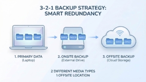 Infographic titled '3-2-1 Backup Strategy: Smart Redundancy' showing three stages - laptop with primary data, external hard drive with onsite backup, and cloud storage with offsite backup, connected by arrows. Text below notes '2 different media types, 1 offsite location.
