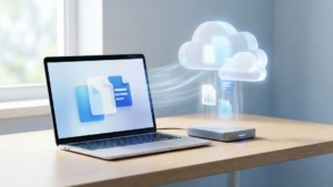 Laptop, external hard drive, and cloud storage icon connected by glowing data streams with file icons flowing between them, illustrating multi-location backup redundancy