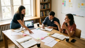 Three educators collaborating around a table covered with notebooks, sketches, and sticky notes in a bright office with bookshelves and a whiteboard, actively discussing and planning together
