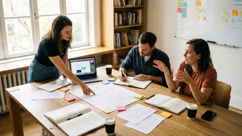 Three educators collaborating around a table covered with notebooks, sketches, and sticky notes in a bright office with bookshelves and a whiteboard, actively discussing and planning together