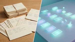 A split composition comparing traditional and digital study methods: messy stacks of handwritten paper flashcards on the left versus organized, glowing holographic data blocks on the right.