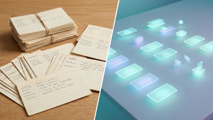 A split composition comparing traditional and digital study methods: messy stacks of handwritten paper flashcards on the left versus organized, glowing holographic data blocks on the right.