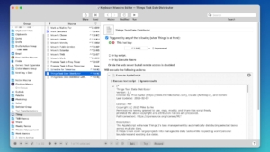 Keyboard Maestro Editor window showing the 'Things Task Date Distributor' macro selected in the macro list. The macro configuration panel displays a hotkey trigger (Control-Option-Shift-[) and an Execute AppleScript action containing the script's header with version information and description.