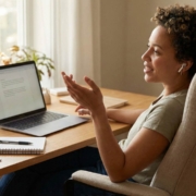 Person at desk with laptop, leaning back comfortably while speaking, hands gesturing naturally away from keyboard in a bright home office workspace