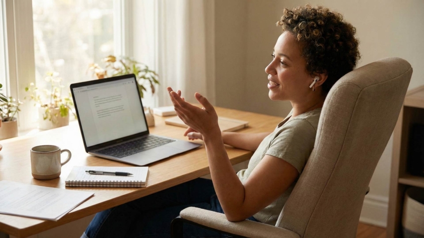 Person at desk with laptop, leaning back comfortably while speaking, hands gesturing naturally away from keyboard in a bright home office workspace